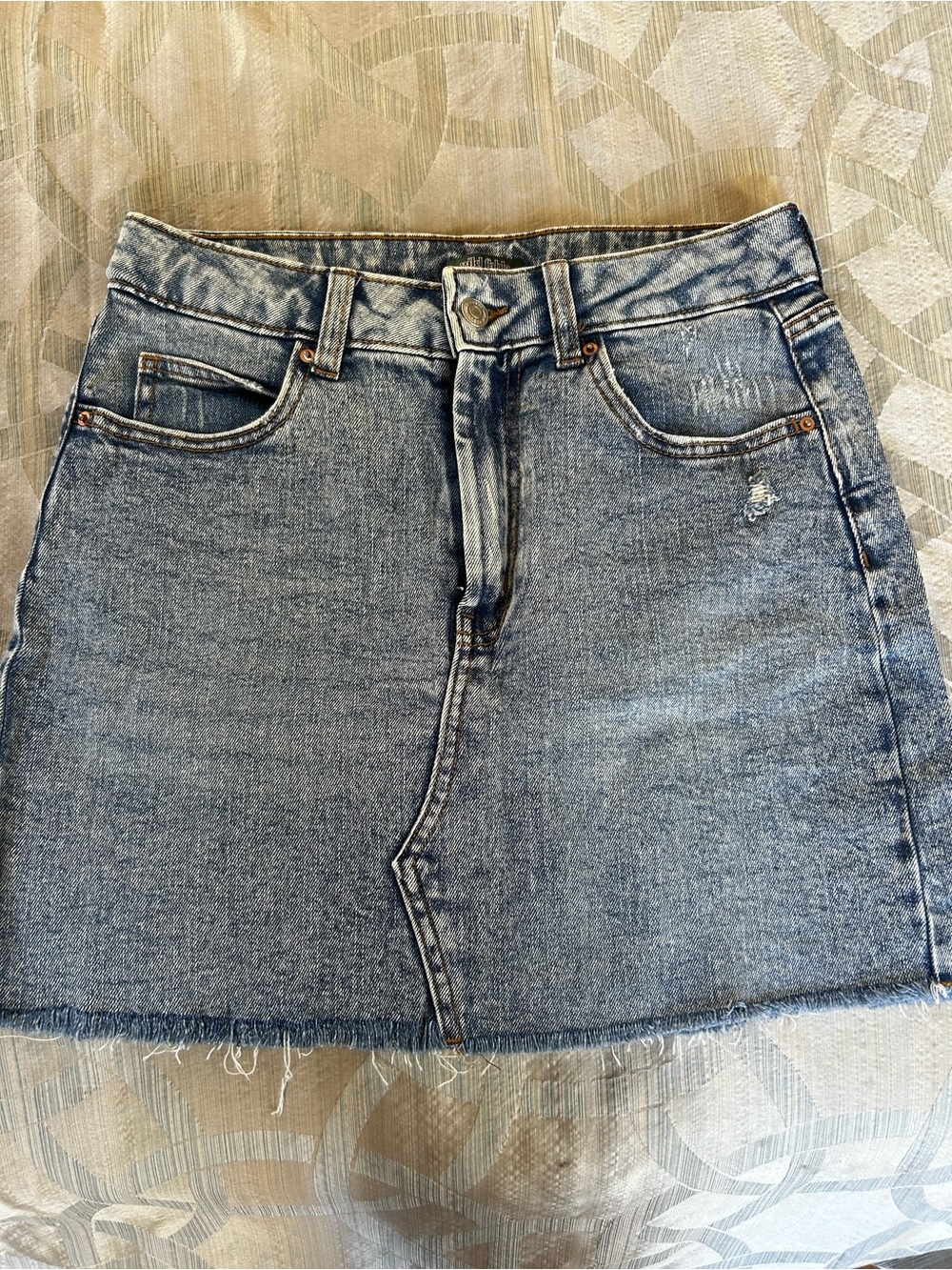 Wild Fable Women's Denim Mini Skirt in Light Blue Wash with Frayed Hem